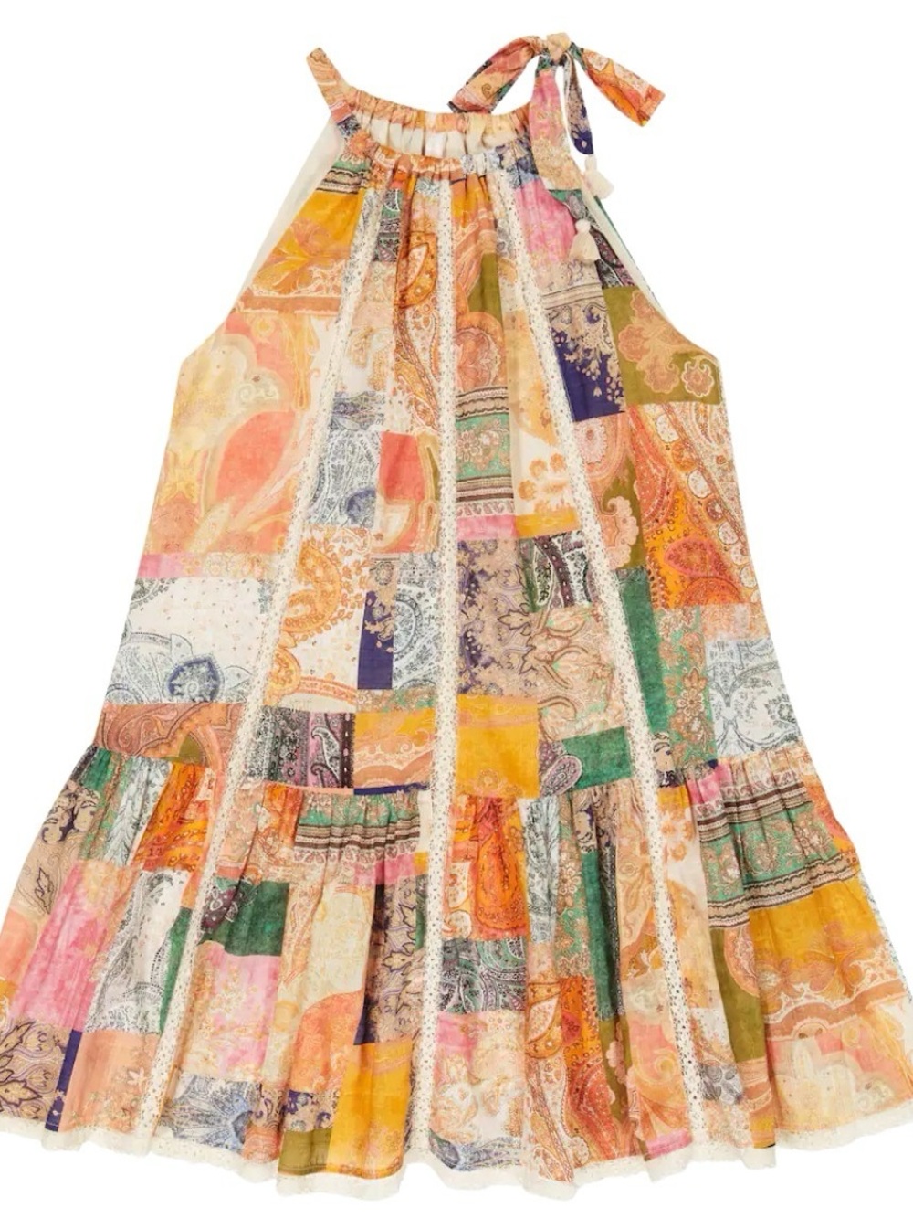 Zimmermann Patchwork Tie-Shoulder Dress - Pink, Green, Yellow, Purple, Cream